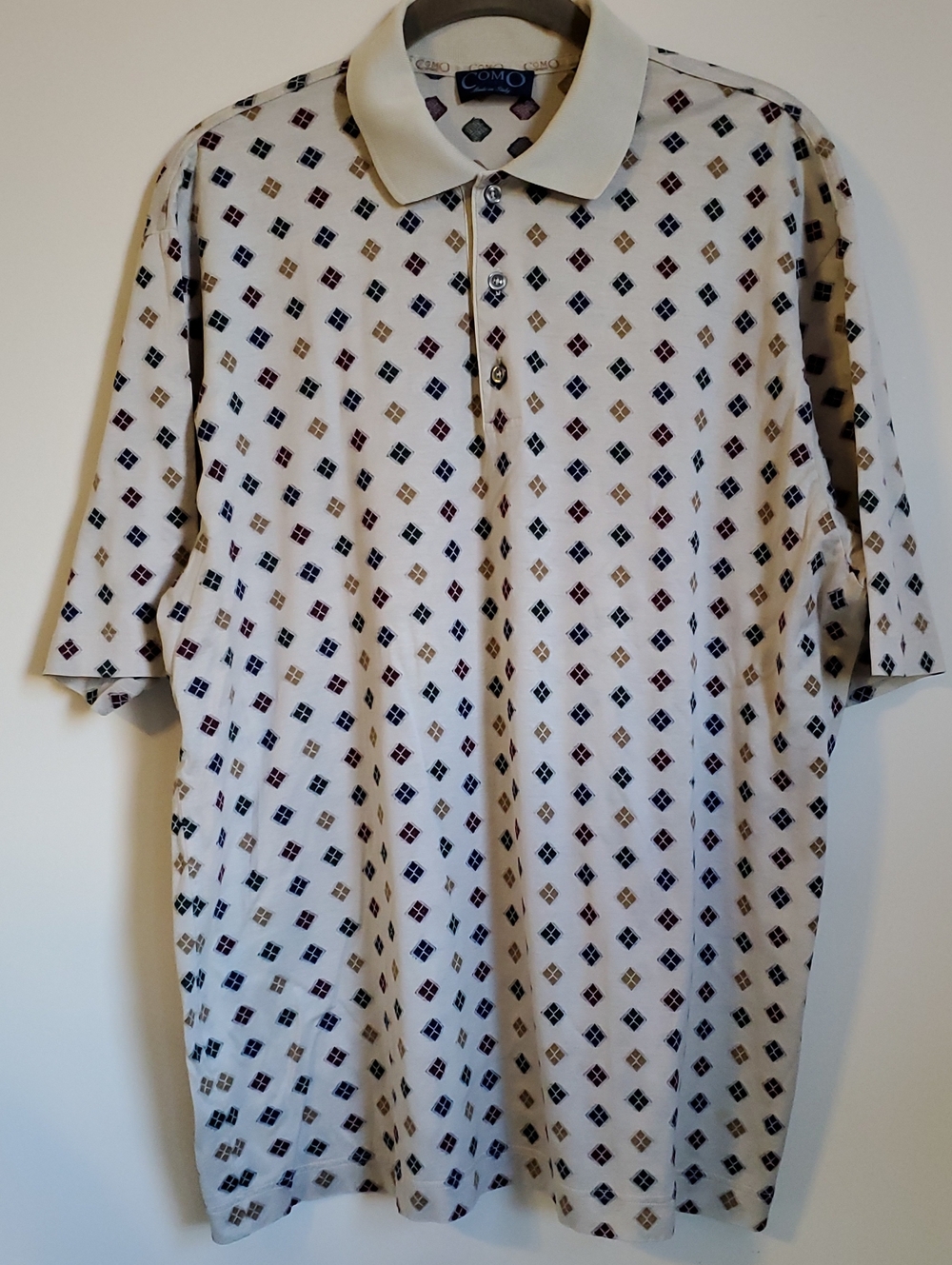COMO Sport Men's Cream Polo with Geometric Diamond Print 100% Cotton